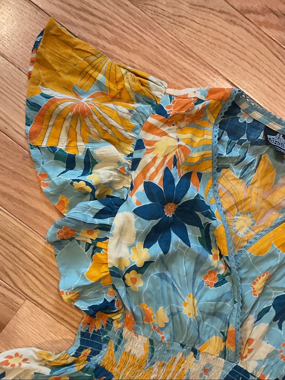 Angie Blue & Yellow Floral V-Neck Smocked Mini Dress Anthropologie Medium boho - Picture 4 of 14